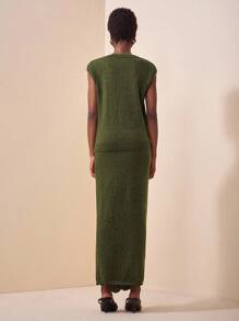 Zivah 2025秋季新品，适合生日派对、校园风、日常穿着、休闲、度假、邮轮旅行、海滩、日光浴、时尚、街头风、优雅、通勤、商务休闲等场合，无袖V领宽松针织背心搭配V领紧身针织裙套装，橄榄绿，夏季针织套装，初秋针织套装，女士两件套针织套装 - 橄欖綠 - 查看 4