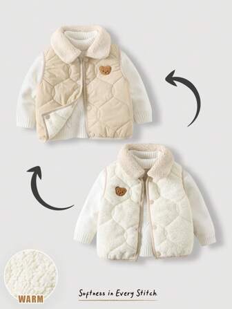 Cozy Pixies 男婴卡通熊图案双面领保暖衬里无袖前开背心秋冬