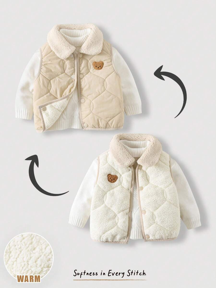 Cozy Pixies Baby Boy Cartoon Bear Pattern Reversible Collar Thermal-Lined Sleeveless Open Front Vest Fall Winter