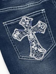 ROMWE Grunge Punk Jeans acampanados de talla grande con lavado y bordado cruzado casual - Azul - Ver 4