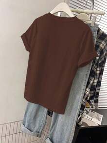 INAWLY 女式夏季骑士印花圆领时尚舒适休闲短袖T恤 - 棕色 - 查看 2