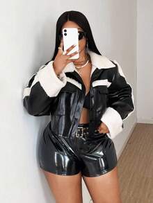 Maweii Plus Size Contrast Color PU Leather Short Jacket With Turndown Collar Winter Fall Autumn - Black - View 4