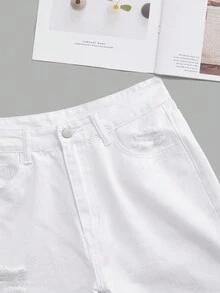 SHEIN ICON Shorts jeans femininos de cor sólida, desgastados e com bainha desfiada - Branco - Ver 4
