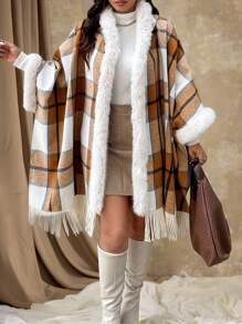 Flirla Cappotto con cappuccio oversize con patchwork a quadri, frange soffici, adatto per l'autunno e l'inverno - Multicolore - Visualizzare 5