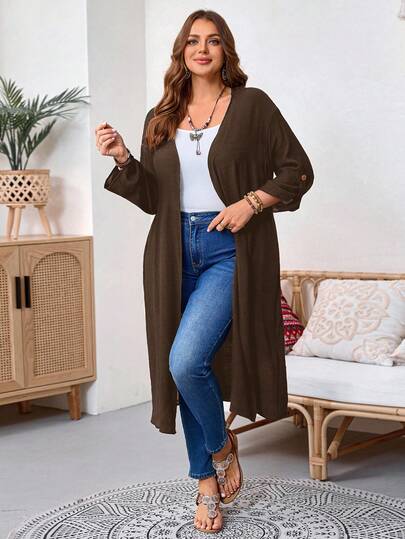 EMERY ROSE Plus Size Women's Fashion Casual Cuffed Sleeve Open Front Long Cardigan,Fall Clothes For Women Winter Autumn