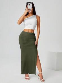 SHEIN PETITE 褶饰开叉大腿派对女式黑色半身裙 - 軍綠色 - 查看 3
