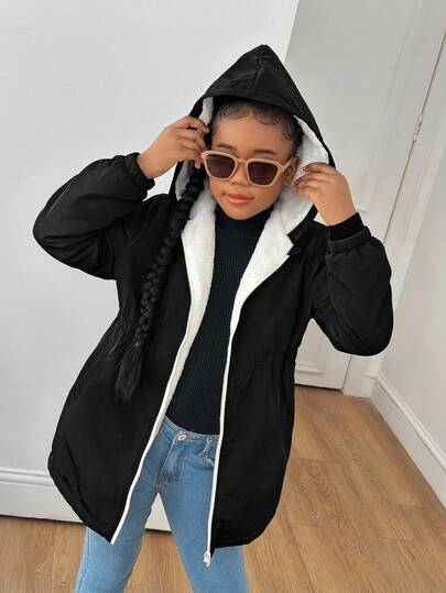 SHEIN 青少年女孩長袖抓絨休閒連帽防風夾克外套，保暖內裡中長版外衣，秋冬校園穿搭，黑白配色