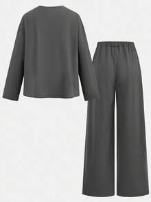 SHEIN Girlism Tween Girl Heart Print Crew Neck Long Sleeve T-Shirt And Wide Leg Pants Casual Set - Grey - View 2