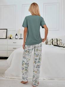 EURMUSE 2Pcs Cotton Cute Animals Printed Shirt And Animals Printed Sleep Bottom Homewear PJ Set - Green - View 2