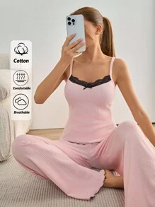 RueChic Plus 2Pcs Cotton Lace Trim Cami Top With Lace Detail Homewear Set - Pink - View 1