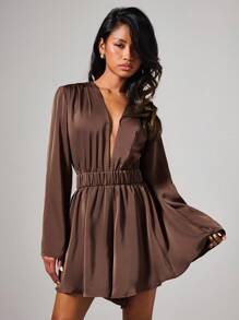 COSMINA 休闲纯色腰部系带长袖女式连体裤 - 棕色 - 查看 5