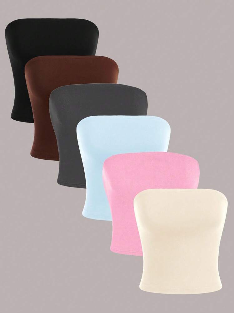 SHEIN Essnce 6 pièces/set Hauts de camisole courts polyvalents de couleur unie décontractés pour femmes, convenant pour l'été