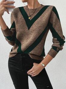2024 Autumn/Winter New Arrival Geometric Striped Pullover Sweater Fall Cloth For Women Fall Sweaters Green Sweater Women Sweaters Brown Sweater - Multicolor - View 5