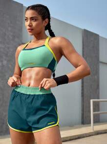 Powerista Green Colorblock Sports Bra And Shorts Set For Running & HIIT Workout Women Sets - Green - View 8