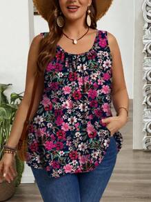 SHEIN CURVE+ Curve Plus Size/Autumn Clothes /Fall Women Clothes/Winter Clothes For Women/Winter ClothesPlus Size Casual Sleeveless Camisole, Versatile Vintage Floral Print Loose Fit Wide Strap Pleated Camisole Top, Suitable For Spring & Summer Suitable For Going Outfall Clothes For Women,Winter,CURVE PLUS - Multicolor - View 3
