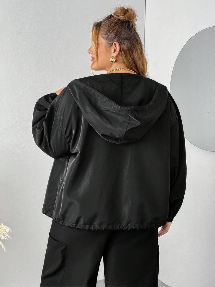 SHEIN CURVE+ 加大码黑色梭织风衣，前开襟，冬季秋季/秋季/冬季 - 黑色 - 查看 2