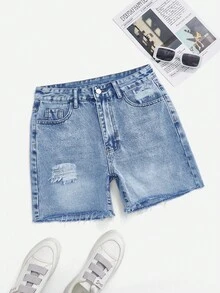 SHEIN ICON Women's Fashion Ripped Pocket Denim Shorts - Light Wash - View 1