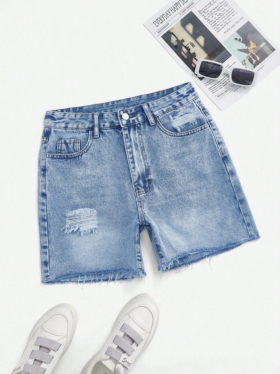 SHEIN ICON Women's Fashion Ripped Pocket Denim Shorts - Light Wash - View 1