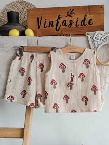 SHEIN 男婴休闲蘑菇印花背心和短裤套装 - 棕色 - 查看 4