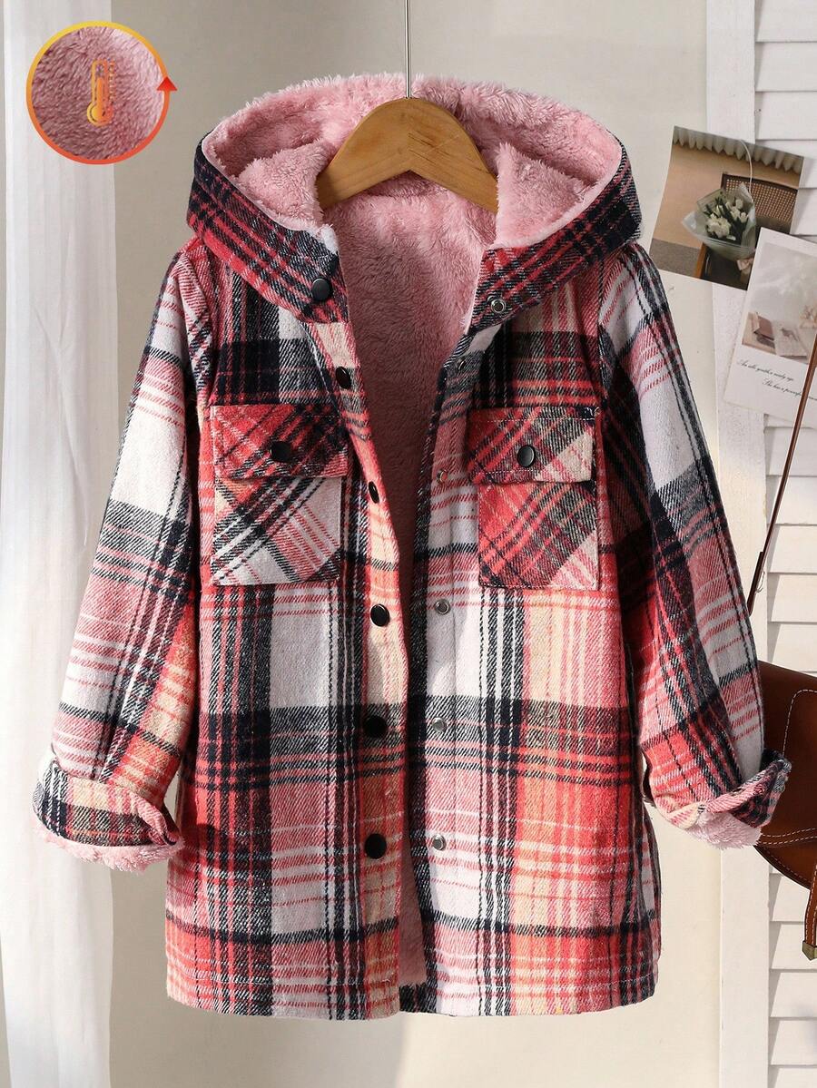 Tween Girls Plaid Button-Up Hooded Long Sleeve Jacket Suitable For Autumn & Winter, For Christmas, Toddler Girl Winter Coat - Multicolor - View 1