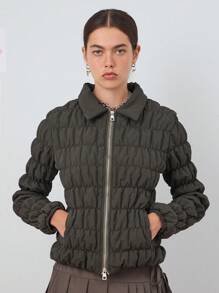 COUREZ Chaqueta acolchada ajustada con fruncidos / Tops de salida lindos de primavera para mujer estilo Y2K - Verde Oscuro - Ver 4