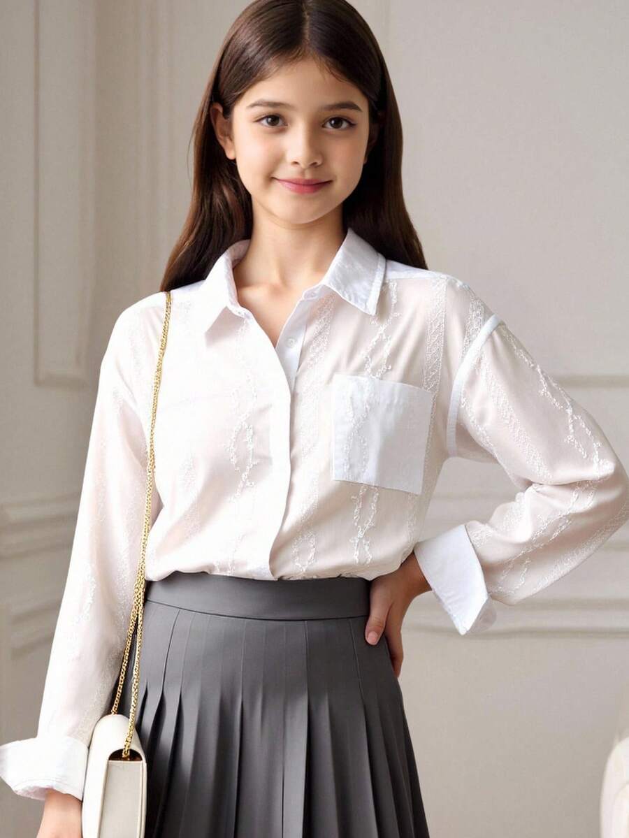青少年女孩休闲蕾丝提花白色衬衫,百搭,适合返校、毕业、旅行 - 白色 - 查看 1
