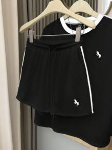 GlowEve 女士时尚休闲运动风刺绣撞色侧条纹圆领宽松T恤和高腰抽绳斜口袋宽松休闲运动短裤2件套