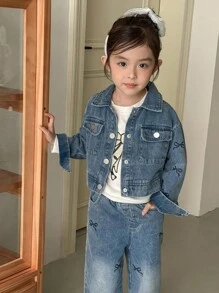 Genkimix Kids 两件套女童蝴蝶结印花短款翻盖口袋牛仔外套和阔腿裤套装，返校季穿搭，女童牛仔套装，秋冬季时尚穿搭 - 藍色 - 查看 3