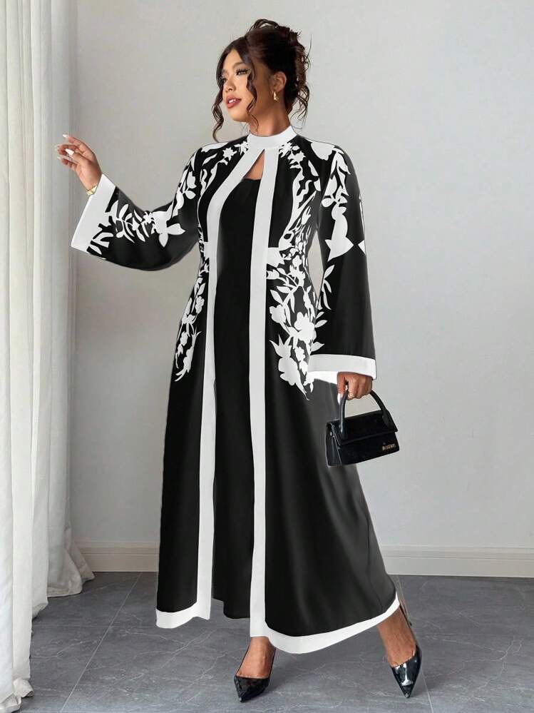 Rometta Plus Size Women's 1-Piece Elegant Vacation Style Printed Mock Neck Flare Sleeve Slim Fit Dress - Multicolor - View 9