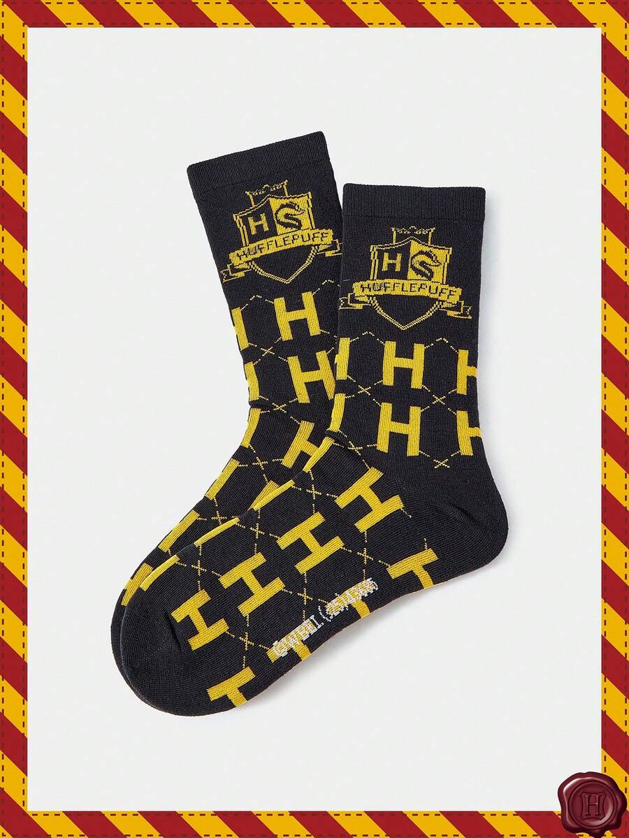 HARRY POTTER X SHEIN 1双女士舒适字母图案中筒袜 - 黑色 - 查看 1