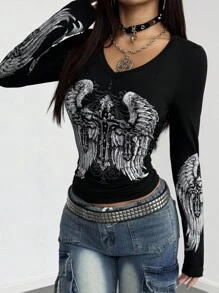 StreetHx T-shirt à manches longues col V pour femmes, imprimé d'ailes gothiques noires, ajusté et confortable, style punk Y2K , look preppy, idéal pour la rentrée scolaire, streetwear - Noir - Voir 6