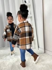 SHEIN 3 件套女婴格子夹克、针织上衣和裤子套装，可爱的秋冬休闲套装 - 棕色 - 查看 2