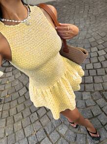 Sunnyshic Blue Plaid Tie-Waist High Elasticity Fitted Vacation Sweet Sleeveless Mini Dress, Spring/Summer