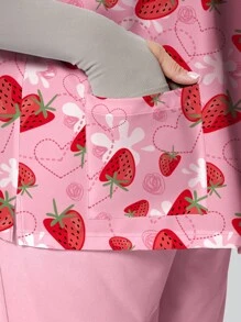 PopScrub Plus Size Women's Cute Strawberry & Heart Print Nursing Uniform Top, Minimalist Design