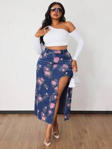 Slaydiva Plus Size Women Elegant Outfits Printed Denim Skirt Autumn High Slit Sexy Resort Style
