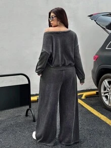 Muchica Plus Size Casual Everyday Oblique Shoulder Washed Loose Sweatshirt And Pants 2 Pieces Set,Autumn/Winter,Fall Clothes For Women  Christmas Clothes  New Year Clothes