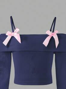 Tween Girl New Long-Sleeved Top With Suspenders, Off-The-Shoulder Design And Bowknot For Tween Girls Is On The Market. It's Comfortable, Fashionable, Elegant, Sweet, Cute, Lively, Unique And A Must-Have For And Dressing Up. - Royal Blue - View 5