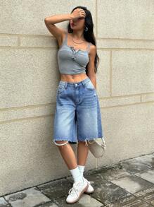SHEIN EZwear 女士时尚休闲磨边口袋牛仔短裤 - 藍色 - 查看 6