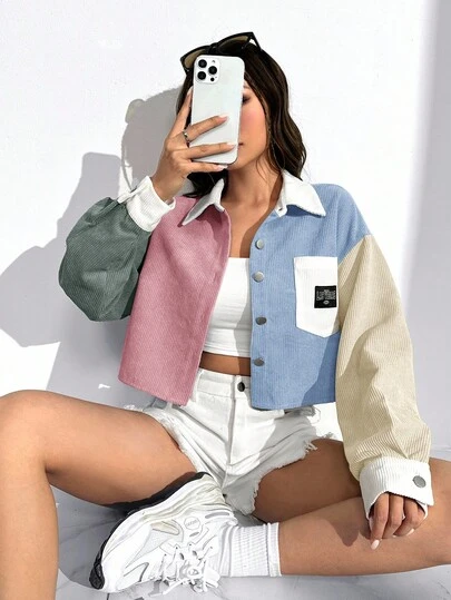 SHEIN EZwear 女式短款灯芯绒拼布单排扣休闲夹克 灯芯绒夹克 撞色夹克 秋冬女士街头服饰