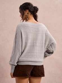 SHEIN VCAY Áo len chui đầu dáng rộng tay cánh dơi họa tiết hình học cỡ lớn cho nữ mùa thu đông - Xám - Xem 2