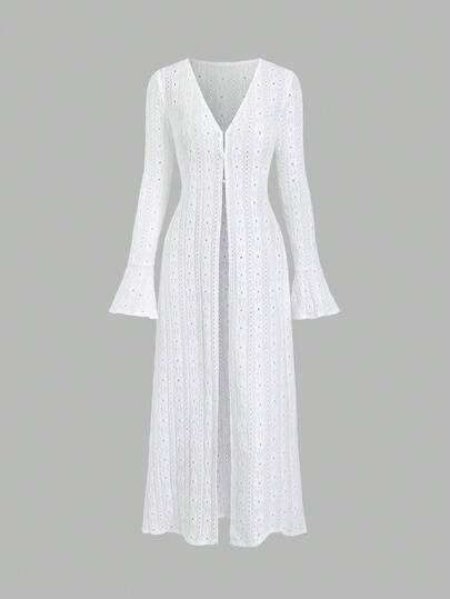 Sweetra Women's Solid Color V-Neck Fitted Long Sleeve Cardigan Jacquard Thin Outerwear Trench Coat