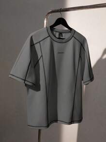 Manfinity VCAY Áo thun nam tay ngắn dáng rộng dệt kim, thời trang mặc hàng ngày cho giới trẻ, đồ đôi - Màu xám đen - Xem 3