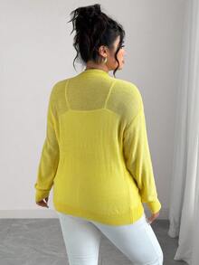 Elenzga Cárdigan de punto con cuello en V, unicolor, con bordado floral y cuentas, talla grande - Amarillo - Ver 2