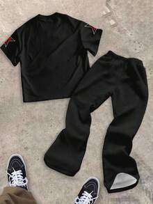 SHEIN Tween Boy 经典酷炫运动风格，经典数字 88，哥特式芝加哥文字图案，酷炫时尚星星图案印花 T 恤和喇叭裤 2 件套，适合夏季 - 彩色 - 查看 3
