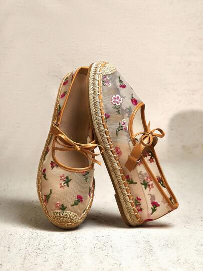 VACAZURE Women Espadrille Flower Embroidery Mesh Bow Maryjane Flats For Christmas Valentine's Day