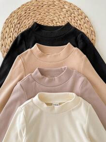SHEIN Bộ 4 áo len dài tay trơn màu dễ thương cho bé gái, đa năng cho mùa thu/đông - Nhiều màu - Xem 3