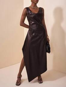 Zivah Dark Brown,Autumn,Elegant,Dining,Faux Leather Midi Dress,Draped Neck Sleeveless,Waist Cinched A-Line,Slit,Ruffle Asymmetric Hem,Fashionable PU Maxi - Brown - View 4