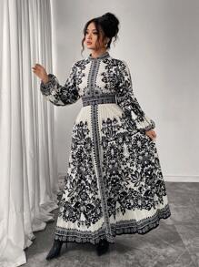 Elenzga فستان طويل مطوي واسع للنساء كبيرات الحجم، باللونين الأسود والمشمشي، بياقة دائرية، خصر مشدود، مخفف للحجم، بأكمام طويلة، بطبعة البيزلي، مناسب لحفلات الشاي بعد الظهر والارتداء اليومي - متعدد الألوان - مشاهدة 3