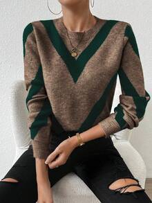 2024 Autumn/Winter New Arrival Geometric Striped Pullover Sweater Fall Cloth For Women Fall Sweaters Green Sweater Women Sweaters Brown Sweater - Multicolor - View 6