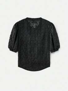 lacRébo 黑色雪纺波点提花衬衫，泡泡袖系带领口设计，教师上衣，商务休闲春夏款 - 黑色 - 查看 8